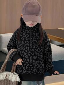 Dazy Kids 少女休閒寬鬆豹紋印花運動衫 - 黑色 - 查看 4