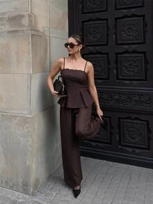 SHEIN Tall Setelan 2 Potong Atasan dan Celana Panjang Wanita dengan Detail Renda dan Ikat Pinggang - Coffee Brown - View 4