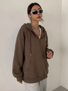 DAZY 拉鍊式落肩抽繩保暖內裡連帽衛衣，長袖上衣，秋季女裝運動衫外套 - 咖啡棕 - 查看 5