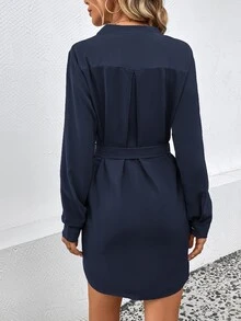 Everyssa 女款復古優雅鈕扣長袖口袋洋裝 - 藏蓝色 - 查看 2