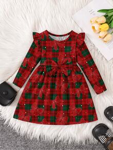 Baby Girl Sweet Bow Cartoon Print Fashion Long Sleeve Dress Suitable For Autumn/Winter - Multicolor - View 7