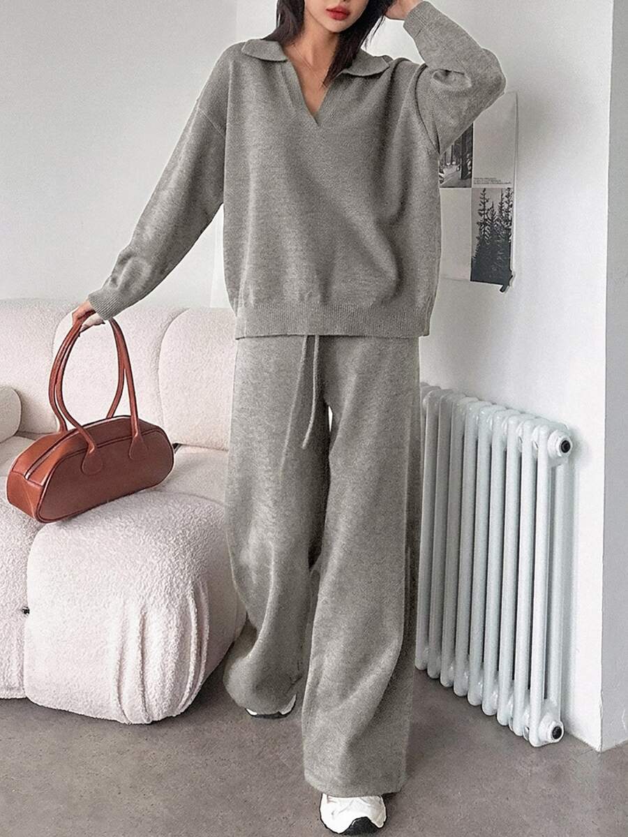 女款休閒純色翻領寬鬆毛衣與寬腿褲兩件套，秋季 - 淺灰色 - 查看 1