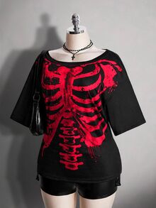 SHEIN ICON 女款萬聖節黑色哥德風骷髏印花T恤 - 紅色和黑色 - 查看 4