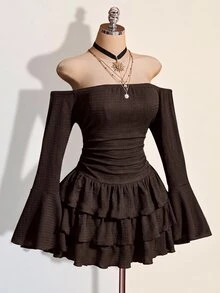 SHEIN ICON 女款純色抓皺露肩休閒派對迷你洋裝 - 棕色 - 查看 6