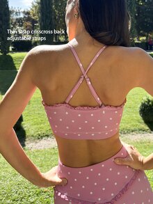 Fluxe Pink Polka Dot Ruffle Spaghetti Strap Bra Flare Pants Set, Built-In Pads, Soft, Stretchy, Breathable For Gym Yoga Pilates. Gymtok Elegant Casual Outfit - Pink - View 7
