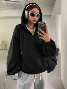 DAZY 拉鍊式落肩抽繩保暖內裡連帽衛衣，長袖上衣，秋季女裝運動衫外套 - 黑色 - 查看 5