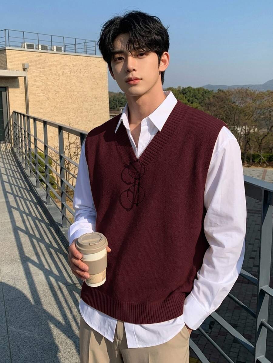 DAZY Men's Solid Color V-Neck Casual Versatile Knit Vest Fall - Burgundy - View 1