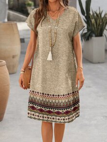 EMERY ROSE Casual Minimalist Vintage Floral Print Plus Size V-Neck Dolman Sleeve Dress - Multicolor - View 5