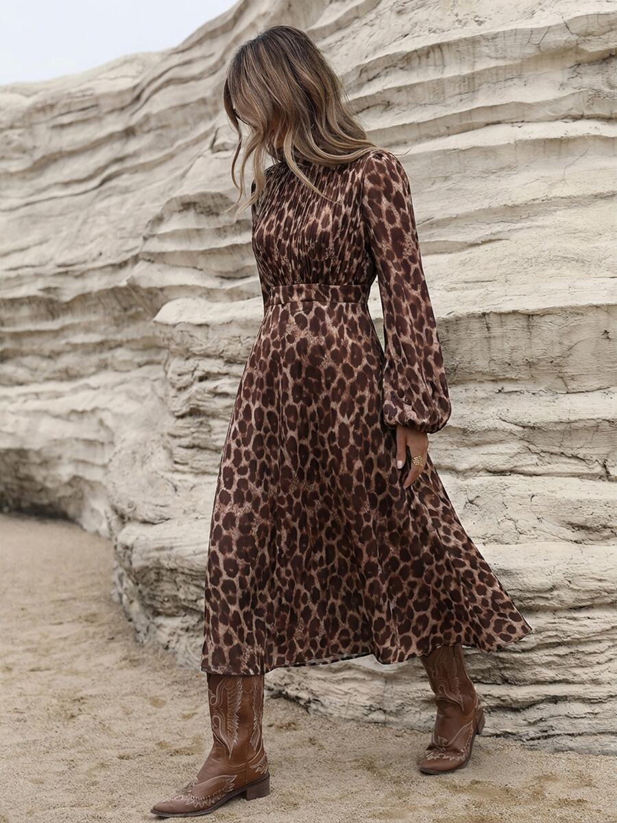 Aveloria Modichic French Elegant Boho Ruched Front Design Fashion Leopard Print Long Sleeve Dress With Belt Vacation Outfits Woman Cheetah Print Fall Cloth Dark Brown - Red - View 1