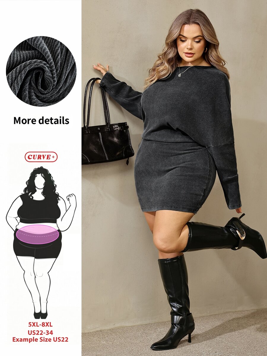 SHEIN CURVE+ Dark Grey Long-Sleeved Off-Shoulder Pleated Washed Slim-Fit Mini Dress,Asymmetrical One-Shoulder Des - Dark Grey - View 1