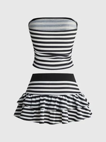 ROMWE Grunge Punk Y2K Millennium Sexy Striped Preppy Style Tube Top & Mini Skirt 2 Pieces Set - Black and White - View 2