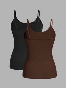 SHEIN EZwear 女款黑色與棕色2件組修身休閒極簡純色細肩帶背心上衣，聚酯纖維材質，適合夏季 - 彩色 - 查看 2