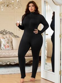 SHEIN Clasi بدلة قفز سوداء مقاس كبير بسحاب أمامي نصف - الأسود - مشاهدة 7