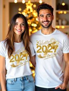 NEOREFINED Hello 2027 金色閃亮煙火字母印花白色情侶短袖T恤，新年派對氛圍 Happy New Year 休閒圓領上衣，中性經典百搭新年禮物 - 白色 - 查看 1