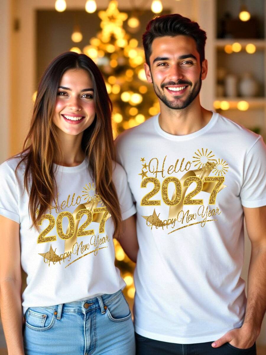 NEOREFINED Hello 2027 金色閃亮煙火字母印花白色情侶短袖T恤,新年派對氛圍 Happy New Year 休閒圓領上衣,中性經典百搭新年禮物 - 白色 - 查看 1