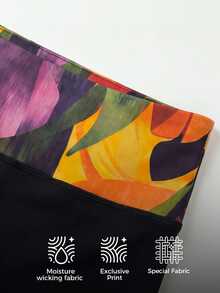 CAJUNI Women's High Waist Tropical Plant Print Fitted Athletic Shorts - Black - View 5