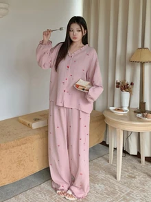 Dazy Plus Cute Loose Pants 2-Piece Set Home Wear Spring/Autumn New Pajama Set - Pink - View 7
