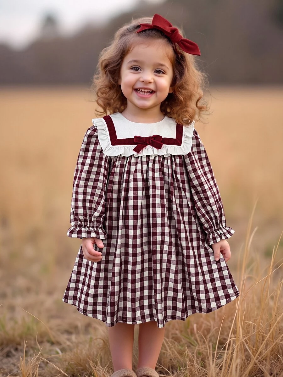 SHEIN Baby Girl Bow Decor Plaid Long Sleeve Cute Dress - Red - View 1