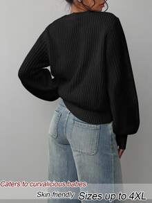 SHEIN BASICS Plus Size Women Solid Color Round Neck Long Sleeve Casual Traditional Sweater Autumn Formal Teacher White Home Wear - Black - View 2