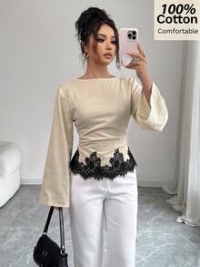 Siren Gaze 女款 100% 純棉舒適船領長袖上衣，黑色蕾絲飾邊，優雅度假冬季上衣 - 杏色 - 查看 4