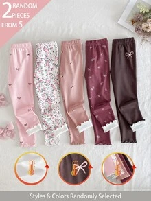 SHEIN 5件隨機發送 2件組 秋冬單面保暖內裡女童幼兒內搭褲 可愛花朵蝴蝶結印花 柔軟舒適保暖內裡長褲 2件套 - 彩色 - 查看 3