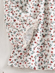 SHEIN Vintaside Kids 2件組幼兒女嬰上衣牛仔褲套裝，可愛白色藍色花卉丹寧長袖圓領寬鬆版型蝴蝶結荷葉邊刺繡公主風套裝 - 卡其色 - 查看 5