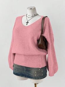 Sunspun Autumn/Winter Minimalist Solid Color V-Neck Side Button Waist Cinched Cropped Knit Pullover Sweater - Pink - View 5