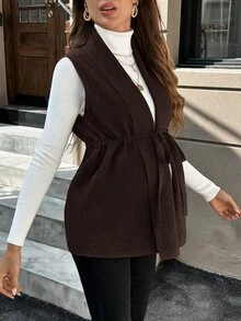 SHEIN 孕婦無袖休閒針織背心，前綁帶設計，適合日常秋季性別揭曉穿搭 - 駝色 - 查看 4