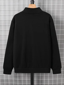 SHEIN 青少年男孩純色拉鍊休閒百搭日常穿著運動衫 - 黑色 - 查看 2
