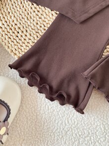 SHEIN 2pcs/Set Infant Girls Casual Vintage Brown Bow 3D Decor High Neck Long Sleeve Asymmetric Top + Flared Pants Fleece Set, Suitable For Daily Wear In Autumn/Winter - Brown - View 5
