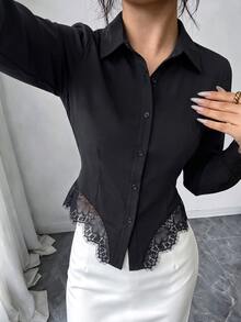 Elenzga Black Long Sleeve Collared Shirt For Women With Lace Trim Waist-Flattering Elegant Style - Black - View 5