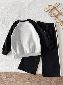 SHEIN 女童小女孩圓領蝴蝶結圖案拼色長袖秋冬休閒日常運動衫與運動褲套裝 - 灰色 - 查看 2