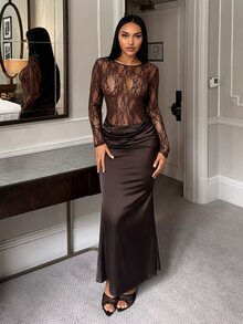 SHEIN SXY Women's Sexy Lace Ruffle Long Sleeve Dress - Coffee - View 6
