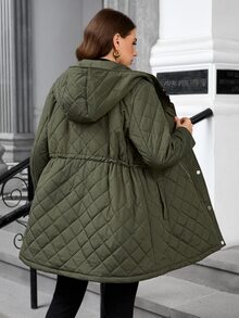 EMERY ROSE Plus Size Women's Hooded Zip-Up Snap Button Placket Drawstring Waist Slanted Pockets, Casual Quilted Long Sleeve Padded Coat, Autumn/Winter Apparel, Suitable For Christmas And Autumn Wear - Army Green - View 2