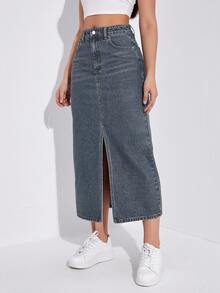 SHEIN Unity 女款鈕扣前開衩牛仔裙 - 藍色 - 查看 4