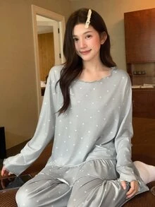 DAZY Setelan Piyama 2 Potong Wanita dengan Motif Polkadot di Seluruh Permukaan, Hiasan Ruffle, Kaos Lengan Panjang Longgar dan Celana Panjang Lurus - Light Grey - View 7