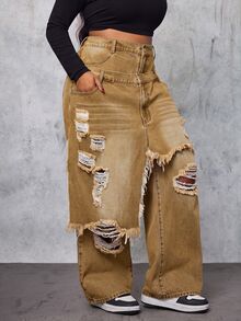 Slaydiva Celana Jeans Denim Sobek dengan Kancing Ganda di Pinggang, Desain Ukuran Besar - Khaki - View 4
