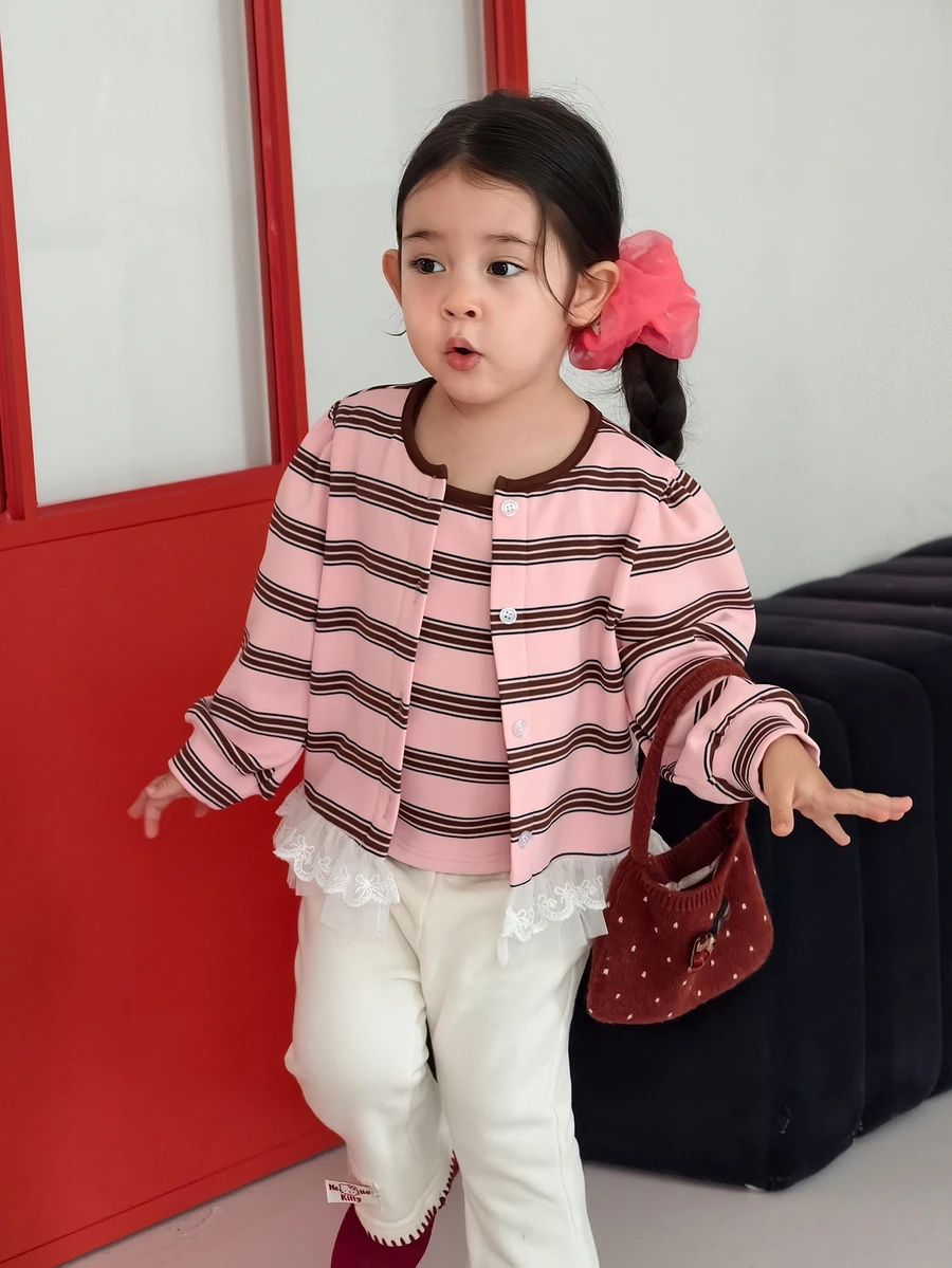 Dazy Kids Infant/Toddler (Girl) Round Neck Striped Korean Style Autumn/Winter Long Sleeve Top - Pink - View 1