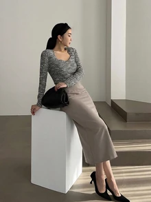 DAZY 女款純色優雅職場直筒開衩鉛筆裙，秋季裙子 - 卡其色 - 查看 4