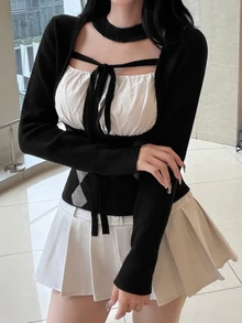 FRIFUL Women's 2 In 1 Patchwork Casual Daily Wear Sweater - Black - View 6