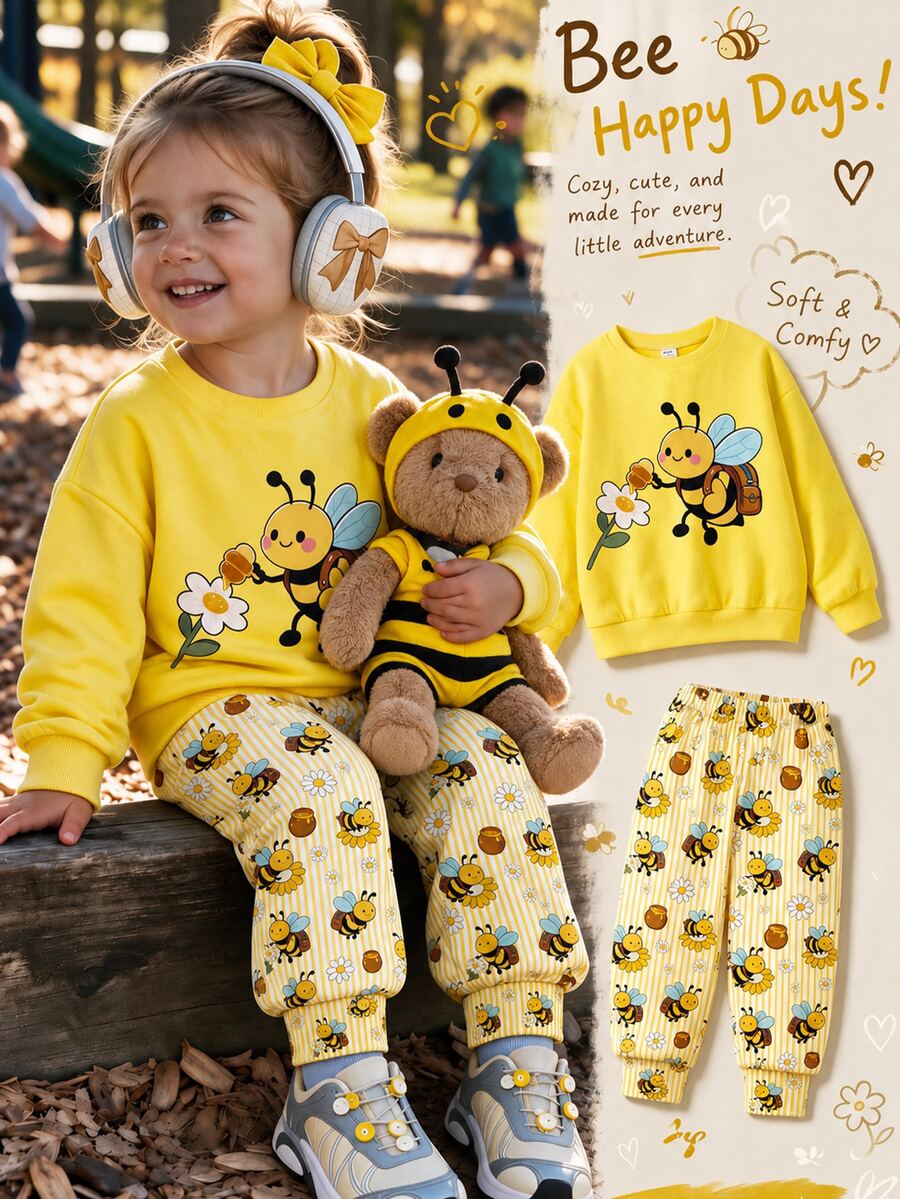Baby Girl Little Bee Floral Print Thick Sweatshirt And Jogger Pants Set For Outings And Outdoor - Multicolor - View 1