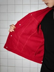 ROMWE MEN Men's Red Letter Print Streetwear Denim Jacket - Red - View 11