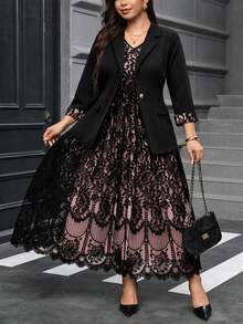 Reflora 大尺碼女款對比蕾絲袖口夾克與洋裝優雅套裝 秋季婚禮正式晚宴 黑色米色 - 粉色 - 查看 6