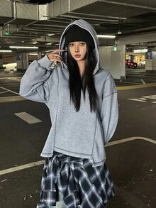 FRIFUL Sweatshirt Berkerudung Kasual Serbaguna untuk Pemakaian Sehari-hari Wanita Warna Polos - Grey - View 2