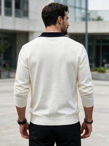 Manfinity Homme 男士半開襟鈕扣羅紋長袖百搭針織衫 - 白色 - 查看 2