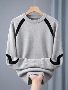 SHEIN 青少年男孩拼色圓領針織毛衣，寬鬆休閒針織衫，時尚通勤內搭層 - 灰色 - 查看 6