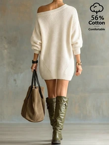 SHEIN New Spring Fall Coquette Diagonal Off Shoulder Chunky Knit Mini Dress Women Drop Shoulder Oversized - Apricot - View 2