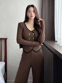 DAZY 2pcs Women Contrast Color Knit Top And Wide Leg Pants Set,Fall Clothes Lounge Sets For Women - Brown - View 2