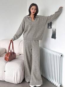 女款休閒純色翻領寬鬆毛衣與寬腿褲兩件套，秋季 - 淺灰色 - 查看 4