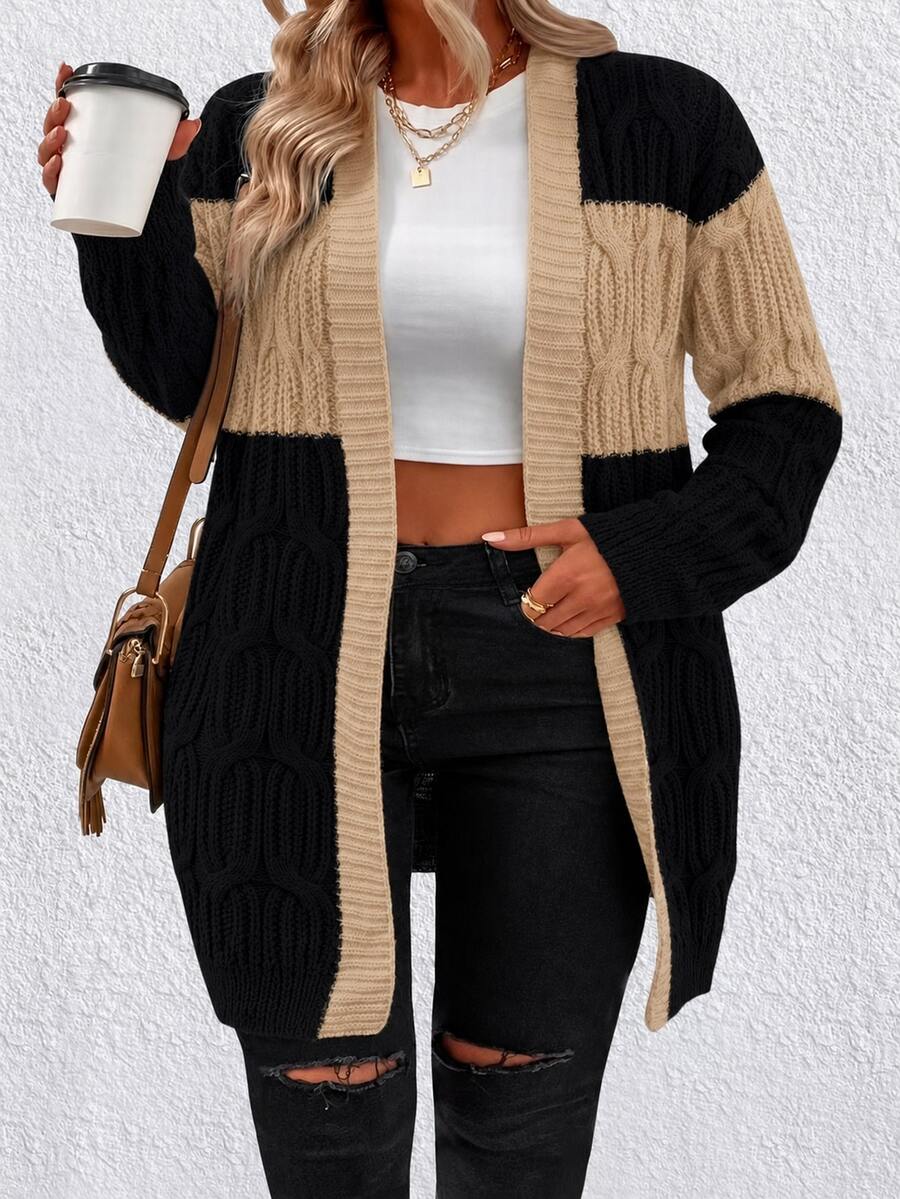 SHEIN LUNE Plus Size Color Block Patchwork Long Sleeve Casual Cardigan, Winter Fall Cloth For Women Autumn - Black - View 1